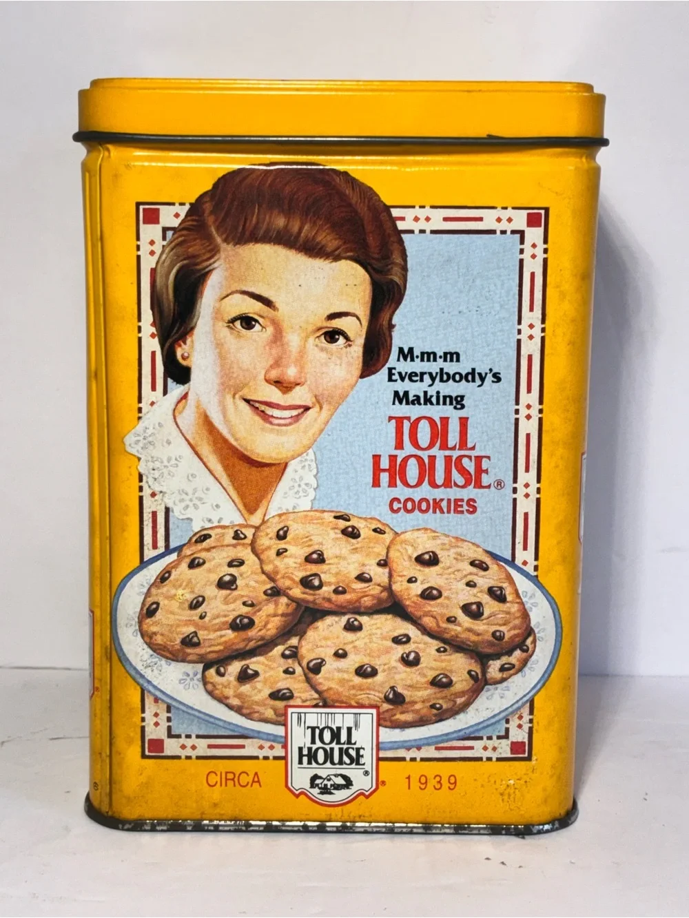 Vintage Nestlé Toll House Cookie Tin 1939 1942 1954 Yellow Metal Canister